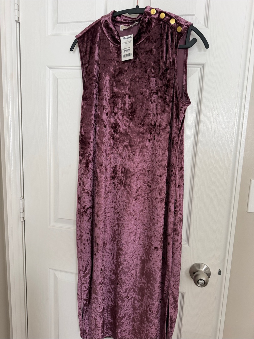 Michael Kors Sleeveless Crushed Velvet Maxi Dress in Mauve with Gold Buttons